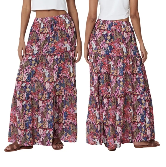 unbranded Dresses & Skirts - Floral Boho Skirt Sheered Waist Pink B Blue White Long Maxi Style Elastic Skirts